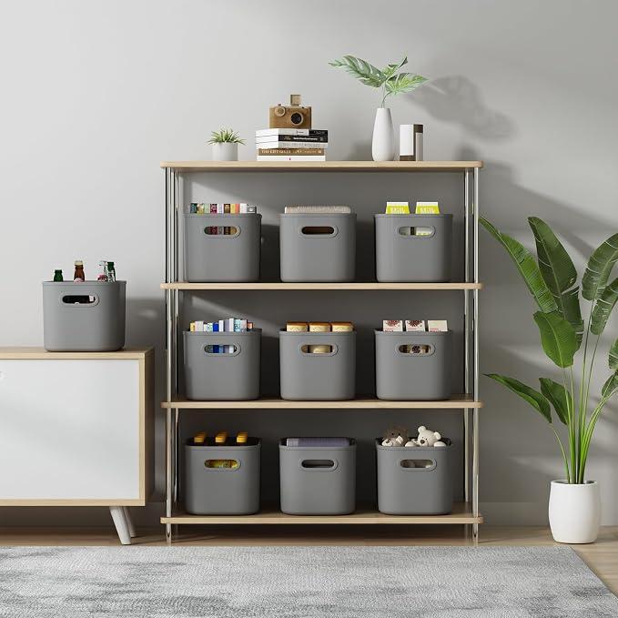 ORGIDOL 6 Pack Grey Storage Bins with Lids Stackable Storage Container for Organizing, Storage Boxes with Handle for Shelves, Cute Organizer Bins for Craft, Snacks, 9.85x6.9x5.7 inch