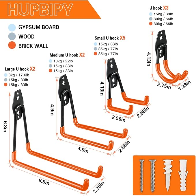 HUPBIPY 12 Pack Garage Hooks Heavy Duty, Wall Mount Ladder Hooks | Storage Organizer With a non-slip coating for Hanging Bicycles Garden Tools Ladders Hoses Ropes and Loose Items(Orange)