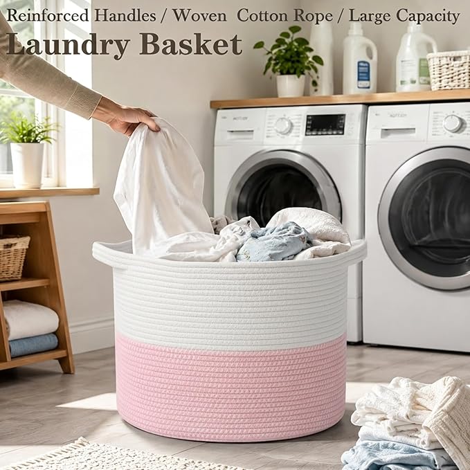 90L Extra Large Pink Woven Cotton Rope Basket with Handles | Kids Nursery Laundry Basket Hamper for Toys, Blankets, Pillows & Comforters, Cute Storage Bin for Bedroom & Playroom