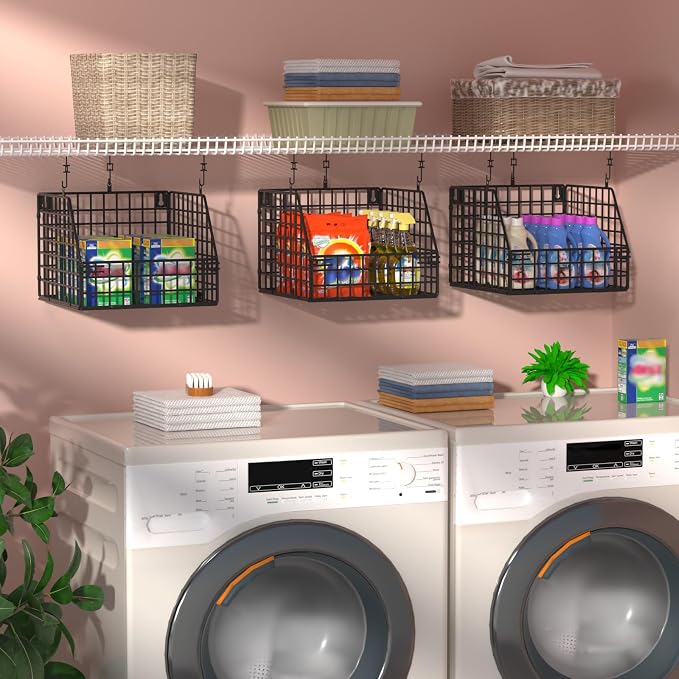 PUPPYCUTE Larger & Deeper Hanging Storage Basket, Closet Organizers and Storage, Hanging Shelves Wire Baskets for Clothing Sweaters Purse Handbags Shoes Black 3 Tier