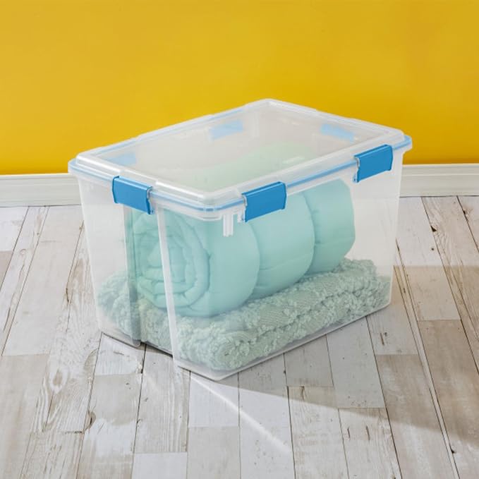 Sterilite Gasket Storage Box with Lids for Home & Office, 80 Quart, 8-Pack | Heavy-Duty, Stackable, and Organizing Containers for Bathroom, Cabinet, Closet, and Garage, Clear and Blue Aquarium Latches