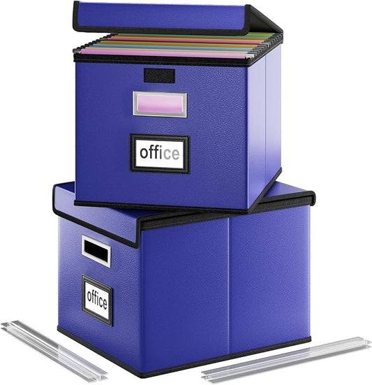 File Organizer Box with Lids, Collapsible File Folder Organizer | File Box with Plastic Slides for Document, Filing Bin for Letter Size Hanging File Folders (2 Pack, Navy Blue, Leather)