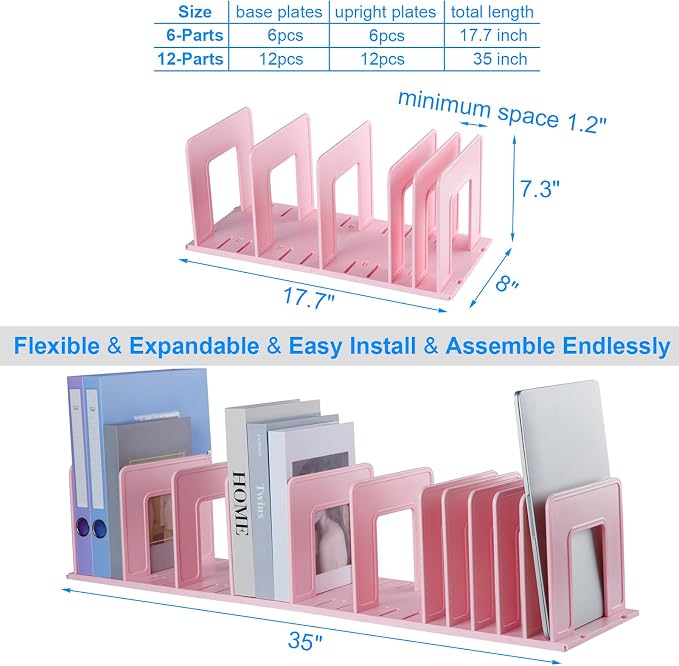 Adjustable Vertical File Sorter Sturdy Plastic Expandable Upright File Holder, Desktop Binder Organizer, School Office File Organizer Bookshelf Divider, Assemble Easily Endlessly, Pink