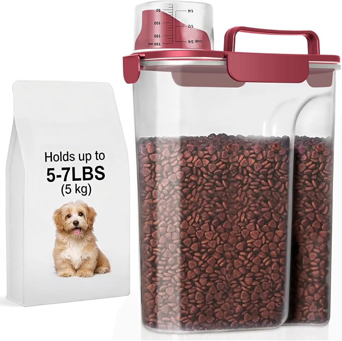 LEAWALK 5Lbs Dog Cat Storage Container Portable with Upgraded Large Spout and Cup, Plastic Pet Food Dispenser for Small Animal Kibble, Bird Seed, Oatmeal, Rice, Flour, Brown Sugart (Elegant Red)