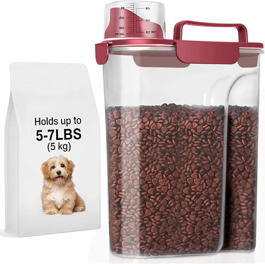 LEAWALK 5Lbs Dog Cat Storage Container Portable with Upgraded Large Spout and Cup, Plastic Pet Food Dispenser for Small Animal Kibble, Bird Seed, Oatmeal, Rice, Flour, Brown Sugart (Elegant Red)