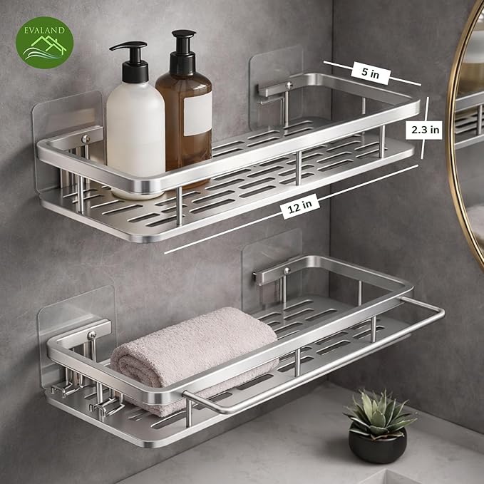 EVALAND Self Adhesive Shower Caddy Organizer 2-Pack No-Drill Storage | Hooks and Rod for Towels, Shower Shelves for Inside Shower, Bathtub Shelf, Rustproof, Rack, Easy Installation, Sturdy