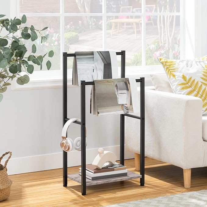 HOOBRO Freestanding Towel Rack, 2 Tier Blanket Ladder Holder for Bathroom, 16.5" L x 9.4" W x 31.5" H, Blanket Rack, Industrial Drying and Display Rack with Shelf, Metal, Greige and Black BG02LB01