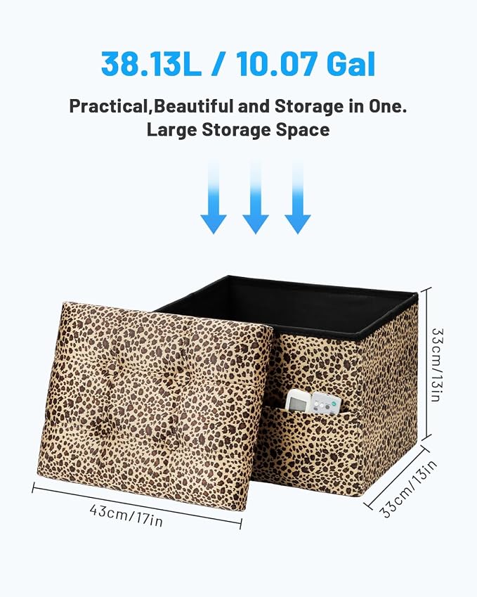 Bsketa Storage Ottoman, 17" Folding Velvet Foot Rest,Leopard Print 2 Pack | Small Ottoman with Side Pockets, Thicker Foam Padded Seat, Livingroom, Dorm, Bedroom, Easy to install, 43L,17x13x13in