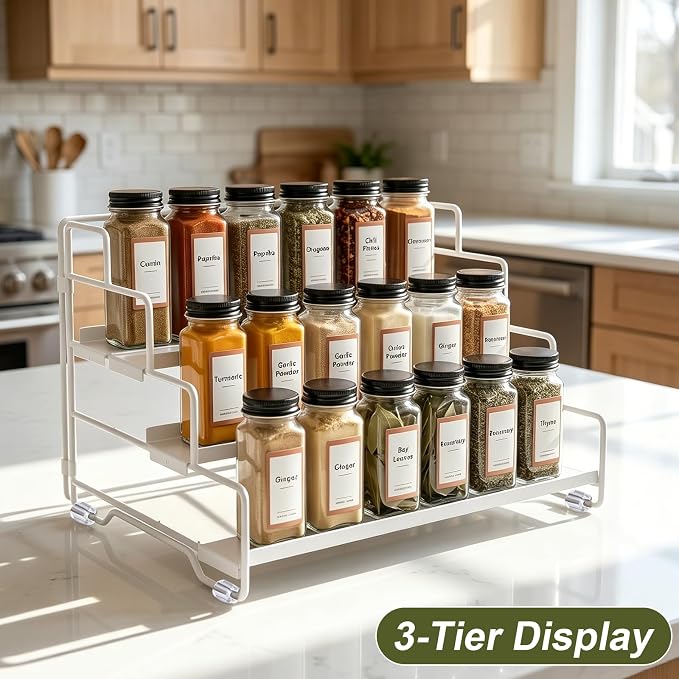 4 Tier Adjustable Spice Rack Organizer for Cabinet & Countertop | Adjustable-Depth Shelves, Tiered Visible Display, Raised Edge Guard, Vertical Space Saver, Metal Construction, White