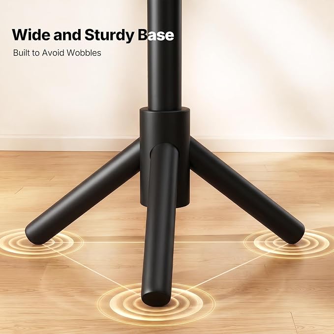 AMADA Solid Wooden Coat Rack Freestanding with 8 Hooks, Black | 100% solid wood, 3 height options, widened base for stability, tool-free assembly, smooth rods & hooks prevent clothing snags