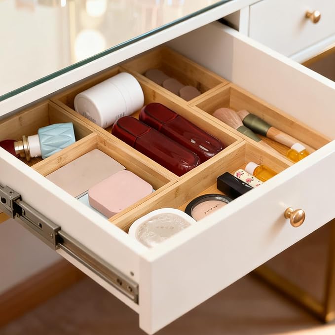 Vincona Bamboo Drawer Organizers Set, 5-Piece Multi-Use Wood Storage Organizers, Desk Drawer Tray for Kitchen, Bathroom, Office, Dresser, Bamboo Box Bin for Jewelry, Makeup, Junk, Gadgets