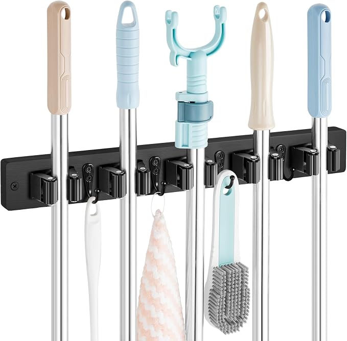 OUTNILI Mop and Broom Holder Wall Mount - Black Broom Mop Hanger - Wall Mounted Garden Tool Rack Organizer for Closet Garage Laundry Room Kitchen Decor With 5 Slots & 4 Hooks