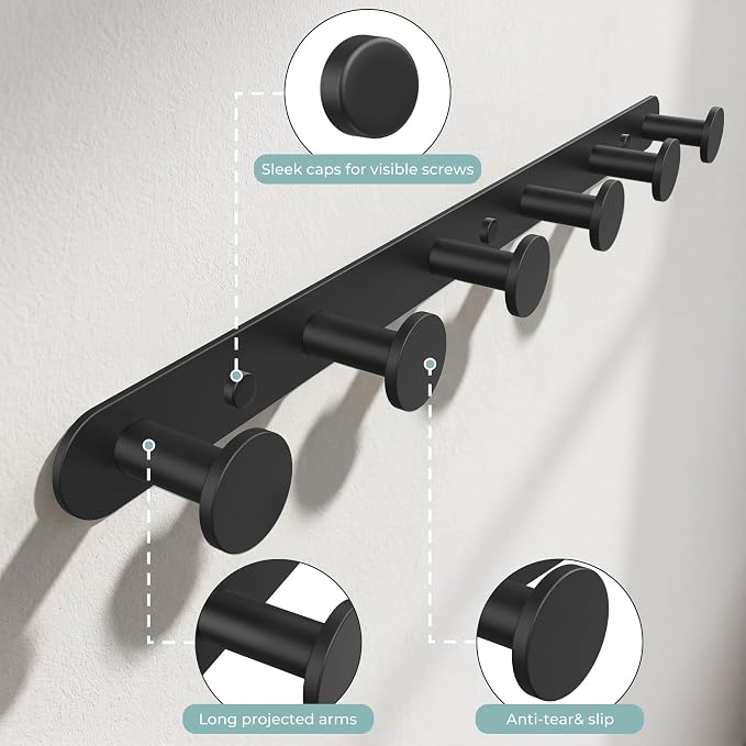 FORIOUS Hat Coat Rack Wall Mounted, 6 Wall Hooks SUS304 for Hanging Black | 304 Stainless Steel Hook Rack for Bags Keys Hats, Coat Racks for Bathroom Bedroom Entryway Kitchen Hotel, Space Saving