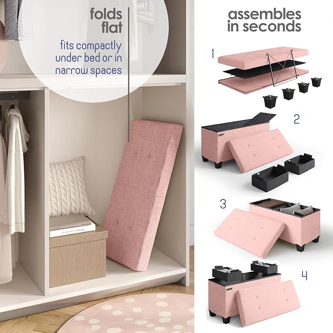 Storage Ottoman Bench with Bins, 30-in Storage Bench for Bedroom End of Bed, Folding Foot Rest Ottoman for Living Room Max 660lbs, Fabric Ottomans, Pink