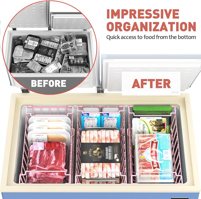 Goovilla Freezer Organizer Bins for 5-7 Cu.FT Chest Freezer, 4 Pack Pink | Foldable Handle Stackable Freezer Baskets, Coated Metal Freezer Storage Bins with Better Space Utilization, Deep Organization