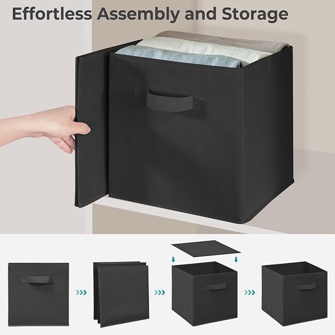 11x11 Inch Storage Bins Cubes, Fabric Foldable Storage Box, Collapsible Closet Organizer for Clothes, Blankets, Office, Bedroom, Living Room, Shelf Cabinet, Bookcase, Black, 7 Pack