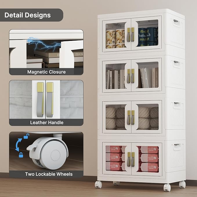 Stackable Storage Bins with Lids, 192QT Extra Large Storage Cabinet | Clear Doors, Foldable Storage Drawers, Heavy Duty, Collapsible Closet Organizers for Bedroom Office (4, White, 48, Quarts)