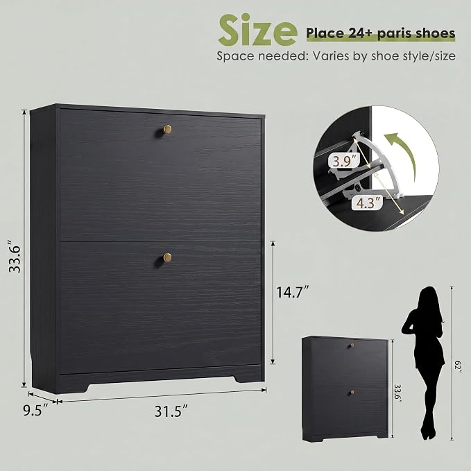 Nicetree Shoe Cabinet with 2 Flip Drawers, Narrow Shoe Organizer Cabinet, Freestanding Shoe Rack Cabinet, Modern Shoe Storage Cabinet for Entryway, Hallway, Foyer, Black