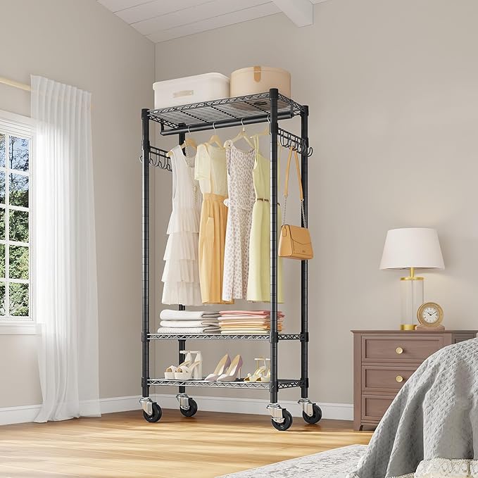 VIPEK R3 Medium Rolling Clothing Rack for Hanging Clothes Portable Closet | Lockable Wheels, Adjustable Wire Shelving/Side Hooks, 330lbs Space-Saving Storage, laundry cart with hanging rack, Black
