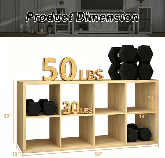 CTESNE【Wooden Thick Frame 8 Cube Storage Organizer Shelf with Anti-Tipping Kits + Reversible Open Back Bookcase, Horizontal and Vertical Dual-use Standing Bookshelf（Oak,13inch）