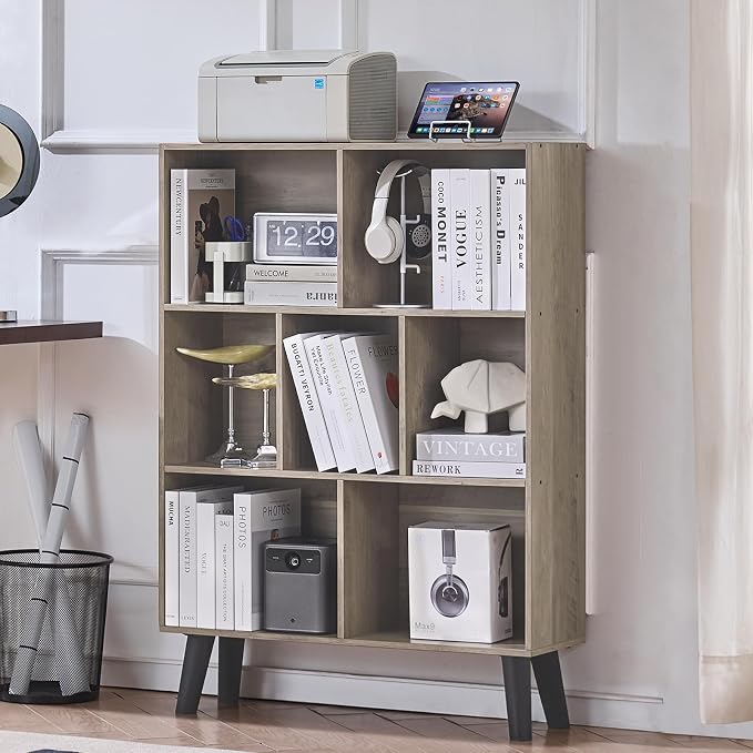 LEYAOYAO Cube Bookshelf, Mid-Century Modern Book Shelf with Legs,Retro Grey | 3 Tier Bookcase, Rustic Wood Bookshelves Freestanding Small Storage Organizer, Open Shelves for Bedroom, Living Room, Office