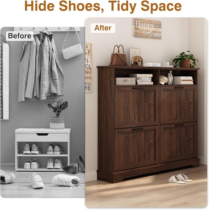 Hidden Shoe Storage Cabinet with 4 Flip Drawers & Open Storage | Farmhouse Modern Shoes Rack Cabinet,Adjustable Shelves ,Narrow Slim Shoe Organizer for Front Door Entrance, Entryway, Walnut