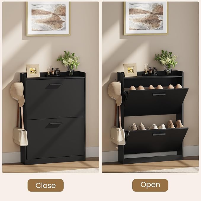Shoe Cabinet Organizer with 2 Flip Drawers,Narrow Shoe Rack 23.6" W White | Freestanding shoe storage cabinet for entryway,foyer and hallway,slim design and space-saving flip drawers