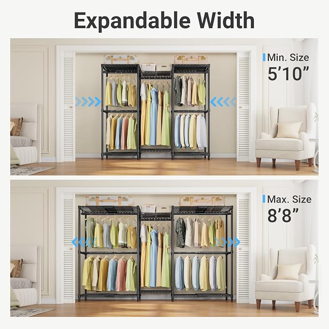 VIPEK X3 Basic Expandable Closet System, Heavy Duty Freestanding Open Wardrobe with Long Hanging Area, 5 Hanging Rods & 6 Adjustable Shelves, Fits 5.10 to 8.8 FT, Black