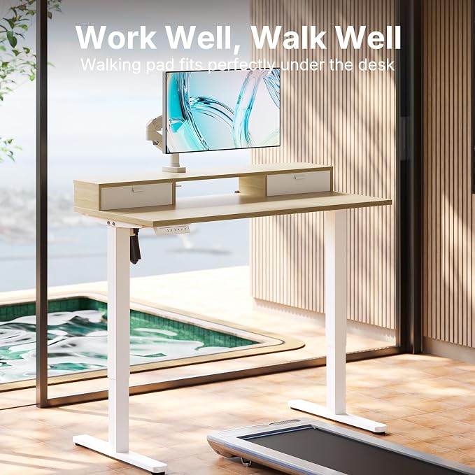 HUANUO 47.2" X 23.6" Electric Standing Desk with 2 Drawers, C-Clamp Mount Compatible, Height Adjustable Computer Desk, Home Office Stand Up Desk with 4 Preset Heights & 2 Hooks, Light Walnut