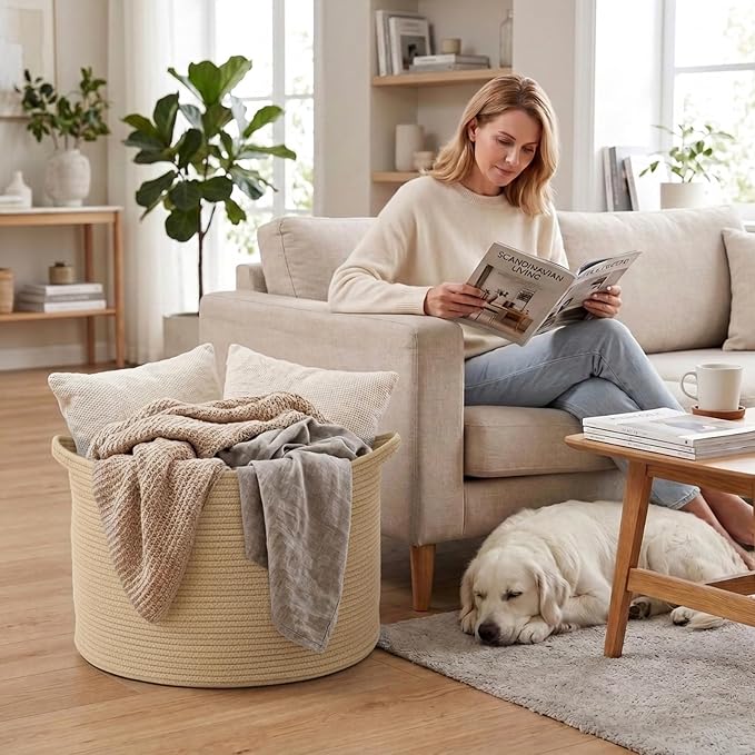90L Extra Large Blanket Basket,Woven Rope Laundry Basket-Camel | Collapsible, reinforced handles, nursery storage bin organizes clothes, toys and pillows for living room, bedroom bathroom