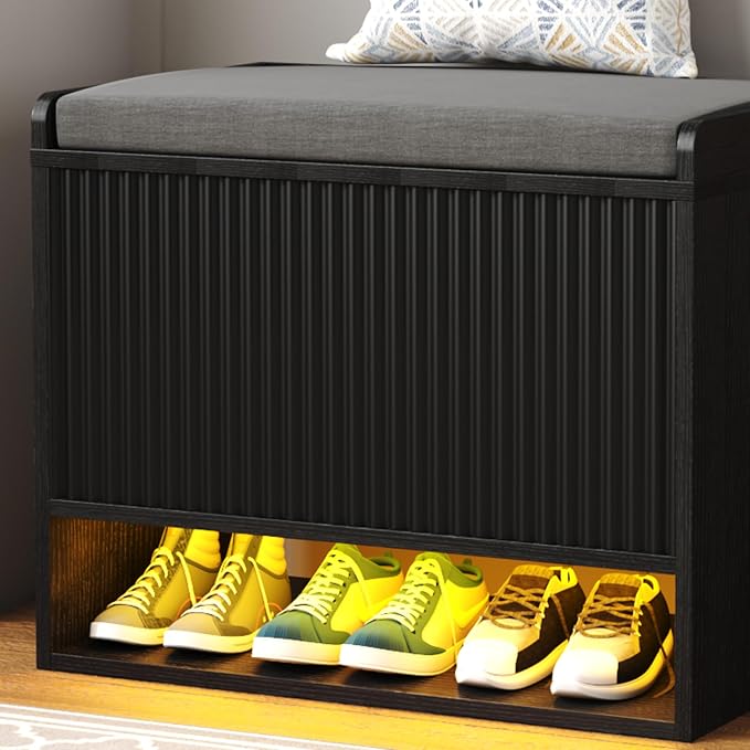 HOMEFORT 23.6" Fluted Shoe Storage Bench, Small Entryway Bench with Linen Seat Cushion, Shoe Cabinet Bench with Adjustable Shelf and Built-in LED Sensor Light, Bench for Bedroom End of Bed,Black