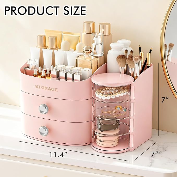 Makeup Organizer Countertop with Drawers, Make up Organizers for Vanity | Skincare Jewelry Earring Organizers, Cosmetic Display Cases Makeup Storage for Bathroom|Dresser, Ideal Gifts for Women(Pink)