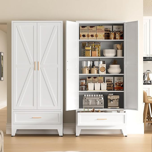 COFaR Metal Storage Cabinet, Farmhouse Storage Cabinet with 2 Doors and 4 Adjustable Shelves - 71" White Kitchen Pantry Storage 5-Tier Tall Steel Cabinets Locker for Kitchen, Living Room, Dining Room
