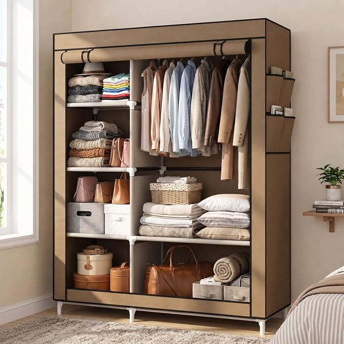 Calmootey Portable Closet Organizer, Space-Saving Storage System for Home | Sturdy Rod for Coats, 6 Shelves for Folded Clothes, 4 Side Pockets for Small Items, Non-Woven Dustproof Cover, Brown