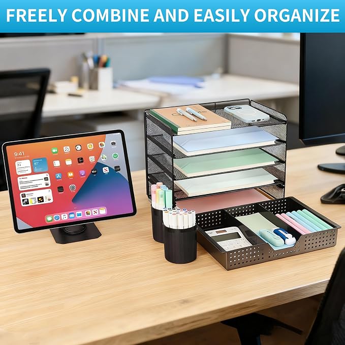 LEKETREE Desk Organizer and Accessories, 5-Tier Paper Letter Tray Organizer with Drawer & 2 Pen Holders for Desktop File Organization, Office Desk Accessories for Supplies Storage (Black)