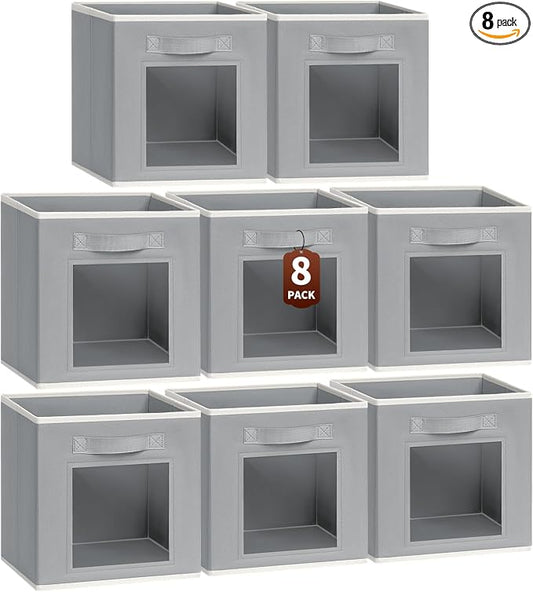 Bins for Closet Organization - Cubby Storage Organizer with Window, Closet Baskets for Shelves, Folding Cubes for Storage, Storage Bins for Home, 11inch, Set of 8, Grey