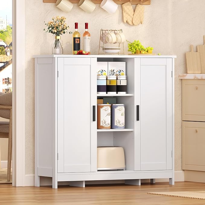 Iwell Storage Cabinet with 2 Doors and 4 Storage Shelves, Buffet Cabinet, Bathroom Cabinet for Living Room, Entryway, Home Office, White
