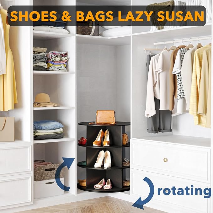 SpaceAid 3 Tier Rotating Shoe Rack Tower, Spinning Shoe Display Lazy Susan, Revolving 360 Shoe Rack Storage Round Carousel, Vertical Handbag Rotate Shoes Closet Organization (3-Tier Black)