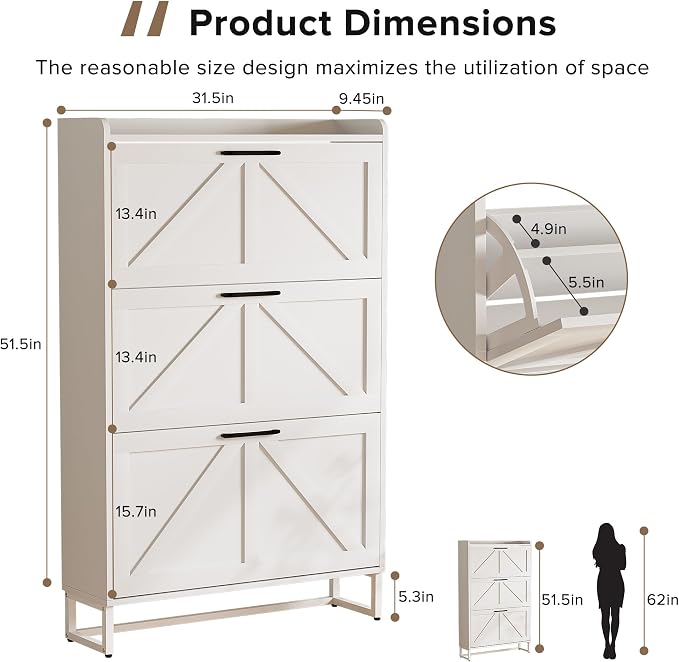 EOYUTLLY Shoe Cabinet Storage for Entryway, Narrow Shoe Rack with 3 Flip Drawers, Freestanding Hidden Shoe Rack Storage Organizer, Slim Shoe Cabinet White with Metal Legs
