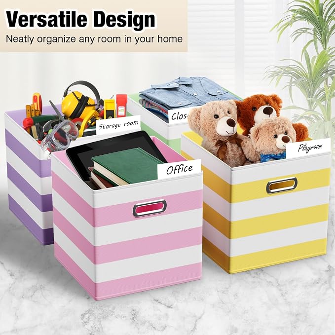 CroBlissful 11 Inch 6 Pack Fabric Storage Cubes with Metal Handles, Back to School Collapsible Organizer Bins for Classroom, Closet, Student Room, Toys and School Supplies (Macaron Color)