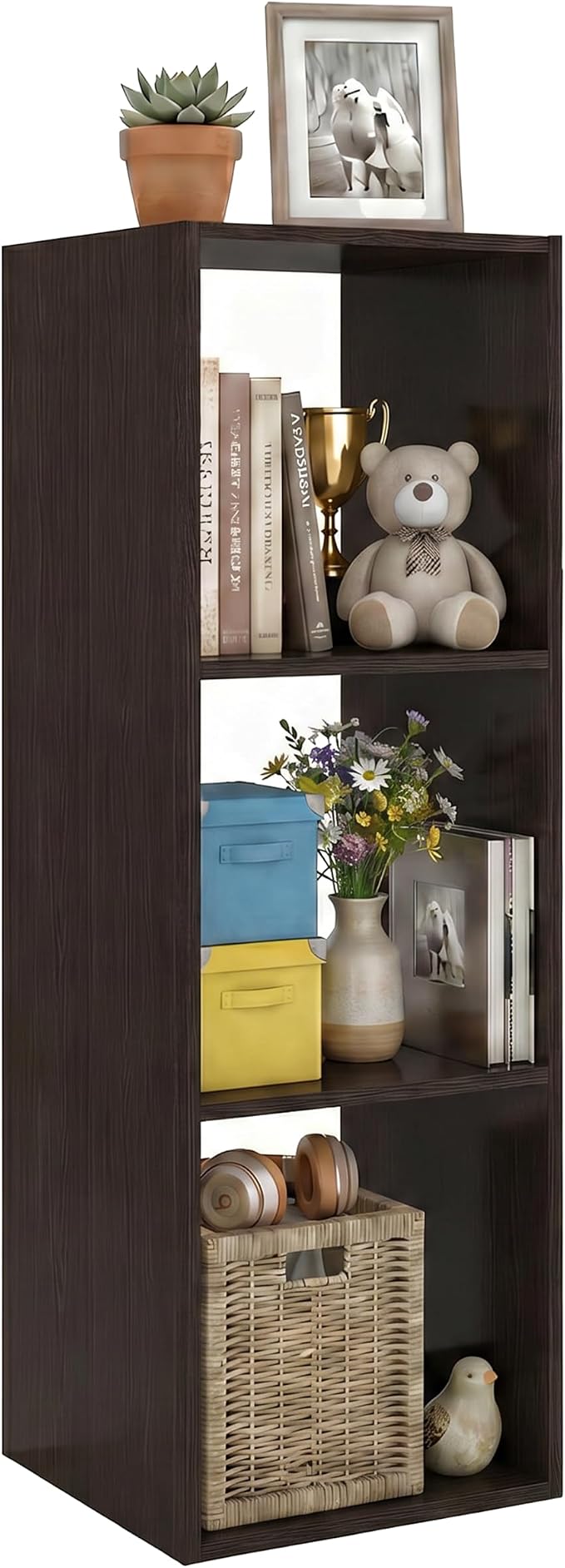 WannabeMyself【Sturdy Build&Easy Assembly】3 Cube Storage Organizer with Anti-Tipping Kits,Reversible Open Back Book Shelf, Bookcase for Living Room,Bedroom,Entrance Hall,Office,12.2×11.4×35.9,Chocolate