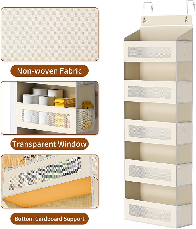 AQOOA 5-Tier Over The Door Organizer 44 lbs Capacity fit Standard Doors | Over the Door Storage with10 Side Pockets Behind Door Storage, Closet Door Organizer Hanging Shelf for Bathroom, Beige