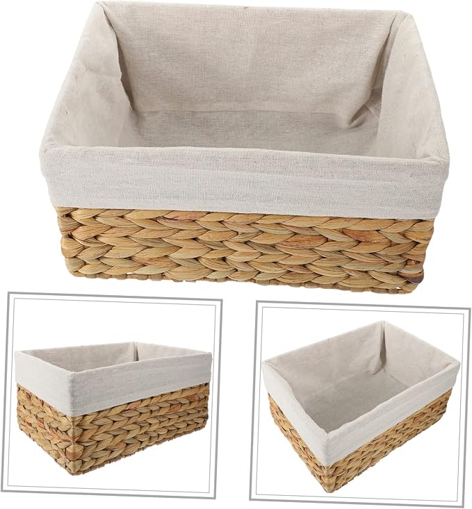 Woven Storage Basket Straw and Fabric Shelf Basket for Books | Desk Top Use, Magazine Holder, Strong Build, Simple Elegant Rustic Look, Home Organizing Accent Piece