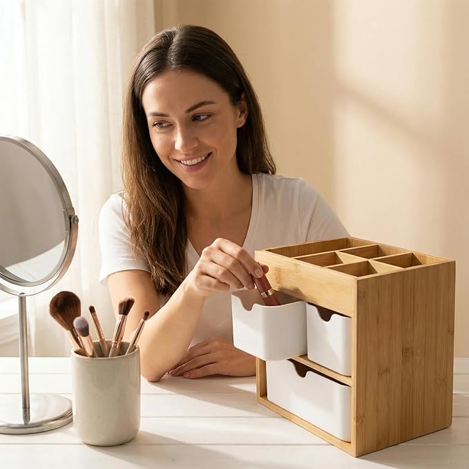 Small Bamboo Makeup Organizer（5.7" D x 8" W x 7.5" H） | Dresser Cosmetic Organizer Box Bamboo Desk Organizer for Home, Adjustable Dividers 3 Drawers