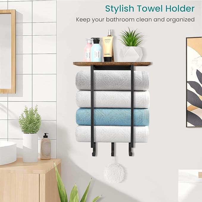 ELITEROO Towel Racks for Bathroom Wall Mounted, Hanging Towel Holder | Wood Towel Rack Shelf with 3 Hook for Washcloths Hand Towel, Bath Towel Storage Organizer for Bathroom, RV, Rustic Brown