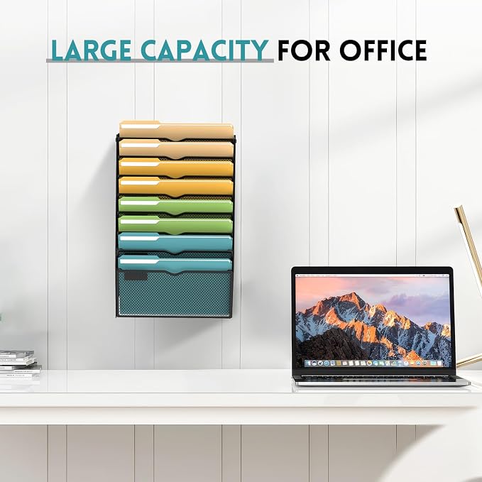 SUPEASY 8 Tier Wall File Organizer, Hanging Wall Mounted Mail Organizer with Label Slots, Metal Mesh File Holder Magazine Rack for Office, Home, School or Classroom, Black