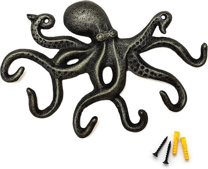 Key Holder for Wall, Octopus Wall Hooks Decorative for Hanging, Cast Iron Coat Hooks/Towel Hooks with 6 arms - Bronze