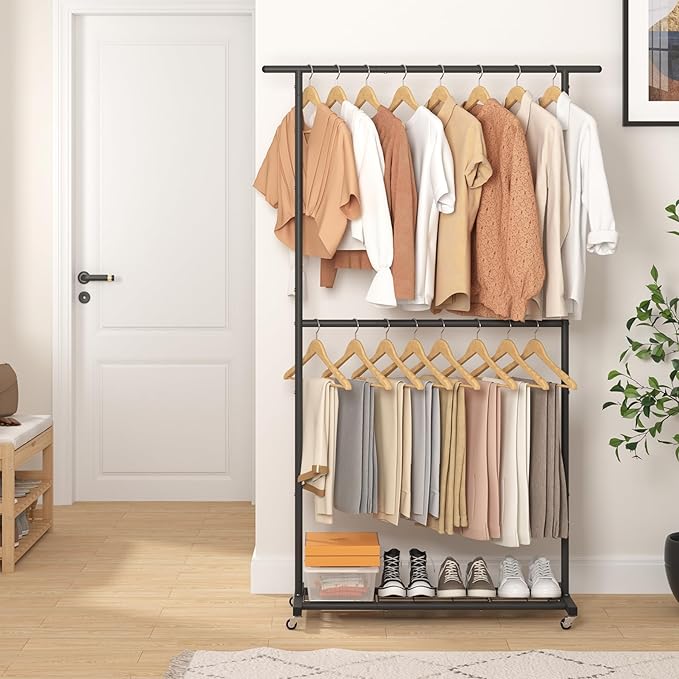 Sywhitta Double Rod Metal Clothing Rack on Wheels with Bottom Mesh,Black | Rolling Garment Organizer, for Hanging Clothes,Coats,Easy to Assemble,Space-Saving,Mobile Organizer for Closet