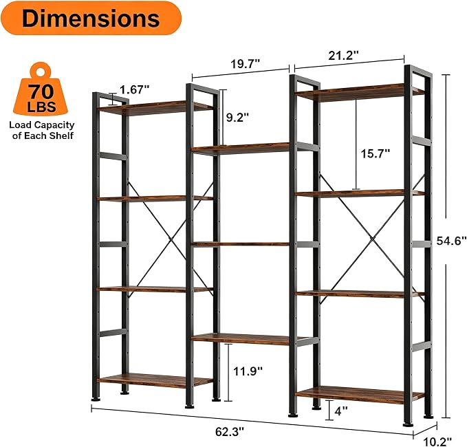 HealSmart Triple Column 4 Tier Bookshelf, Industrial Bookcase with 11 Open Display Adjustable Shelves, Wide Convertible Display Modern Bookshelf for Living Room & Home Office, Brown