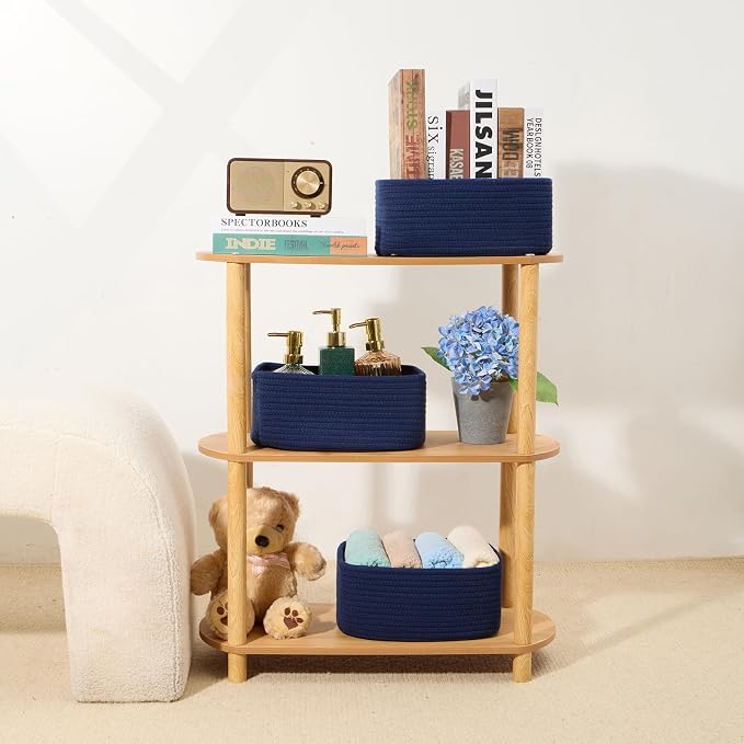 MiniArk Small Storage Baskets for Organizing | Closet Organizer Bins | Shelf Toy Basket | Woven Rope Baskets | Cube Decorative Box | Shallow Basket | 11.5x7.5x4.7” | 4 Packs Navy Blue